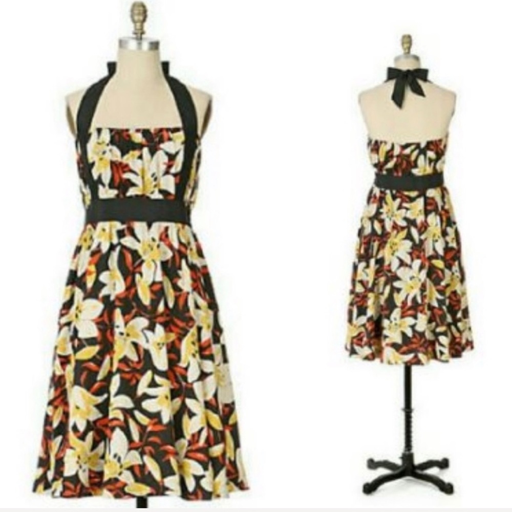 Anthropologie Silk Lily Print Pin Up Halter Dress